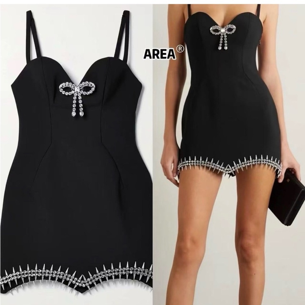 AREA Black Mini Dress with Crystal Bow and Hem Embellishment